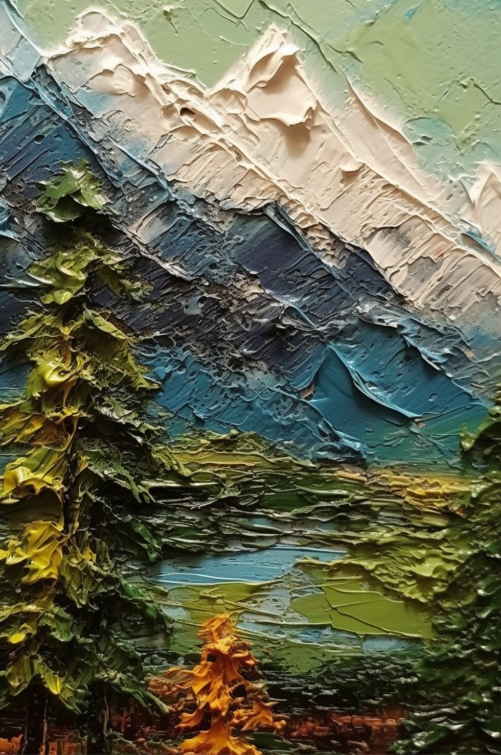 秋天枯黄草地树叶洁白雪山风景油画素材