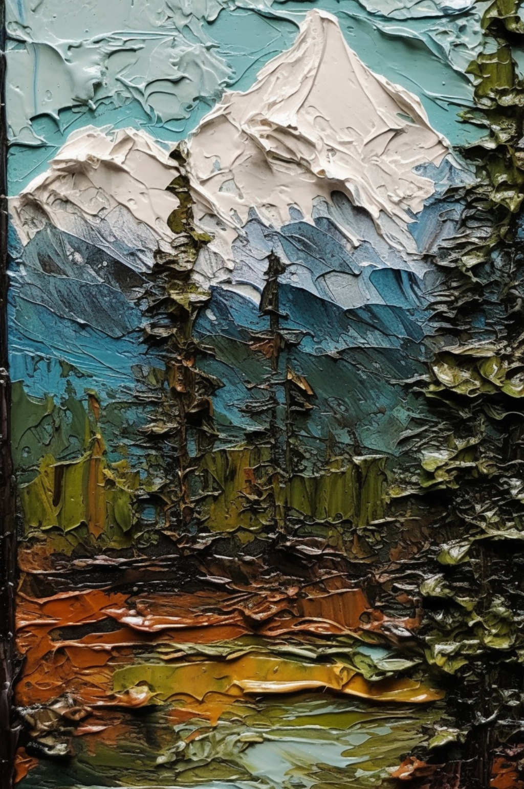 秋天枯黄草地树叶洁白雪山风景油画素材