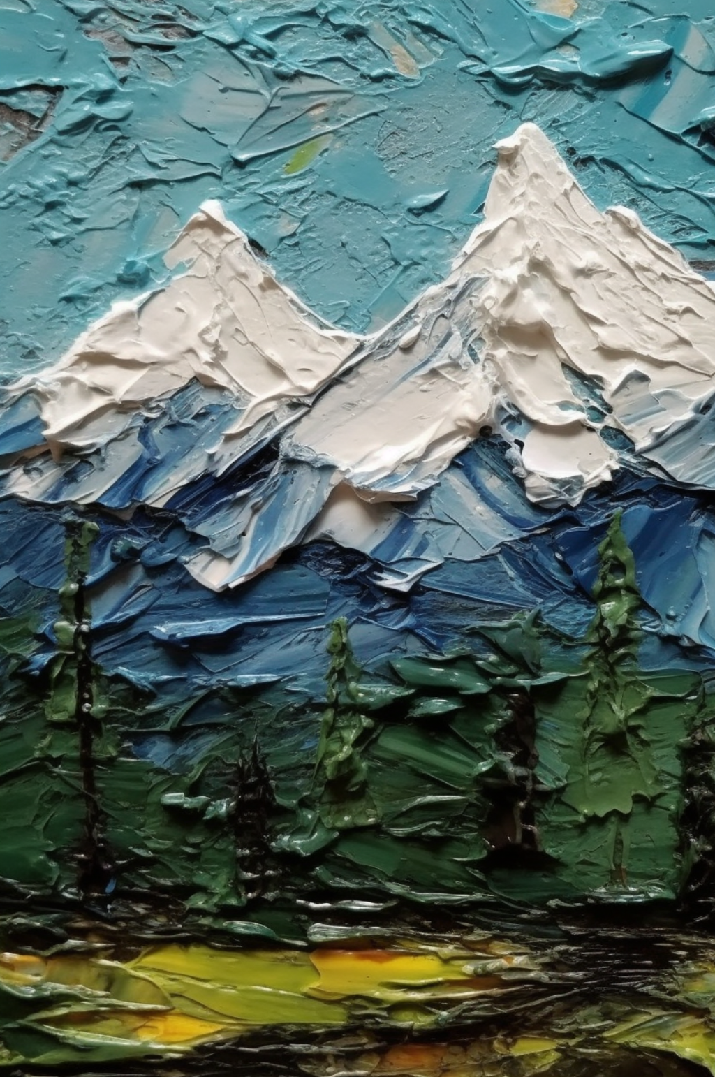 秋天枯黄草地树叶洁白雪山风景油画素材