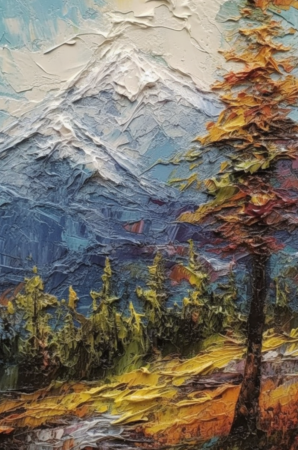 秋天枯黄草地树叶洁白雪山风景油画素材