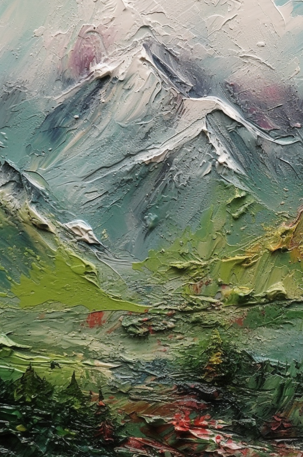 秋天枯黄草地树叶洁白雪山风景油画素材