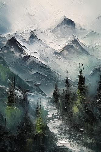 秋天枯黄草地树叶洁白雪山风景油画