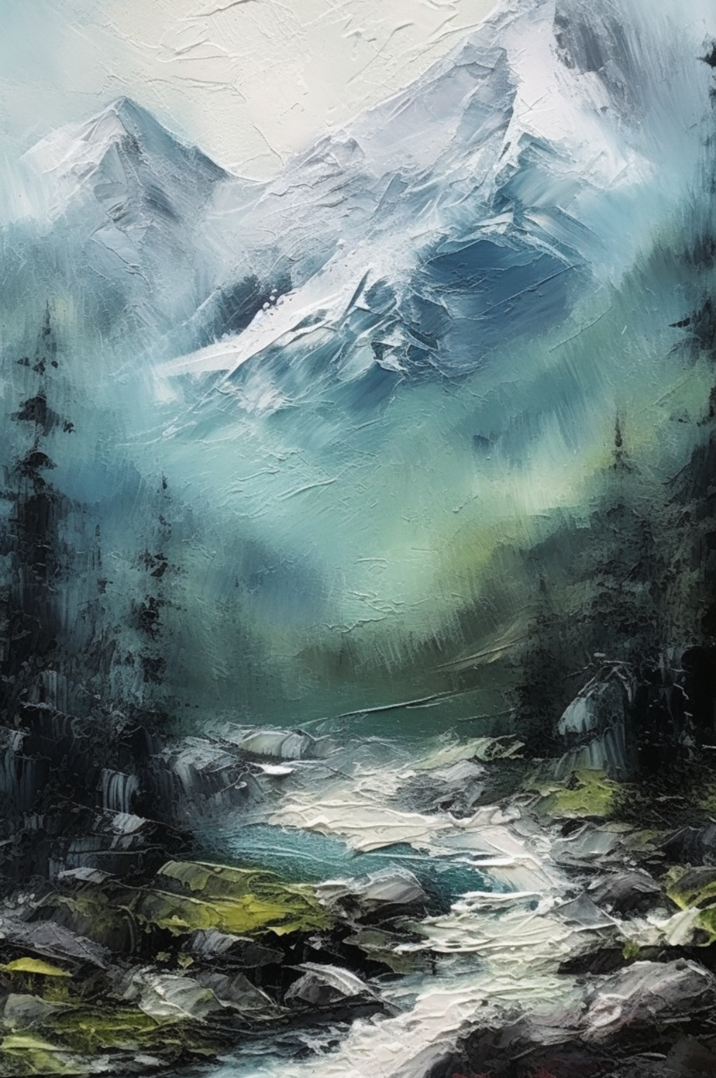 秋天枯黄草地树叶洁白雪山风景油画素材