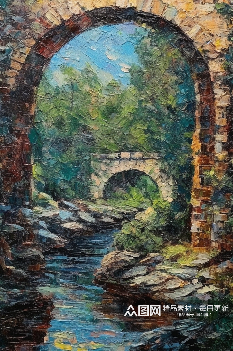 拱形石桥小河清澈流水风景油画素材