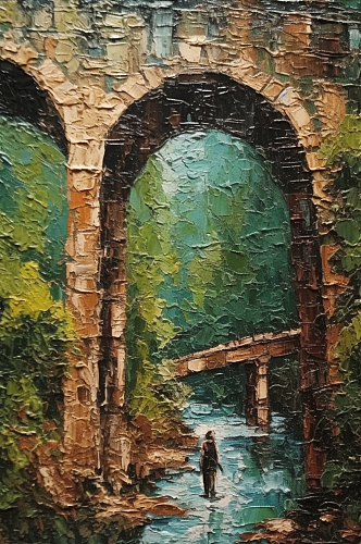 拱形石桥小河清澈流水风景油画