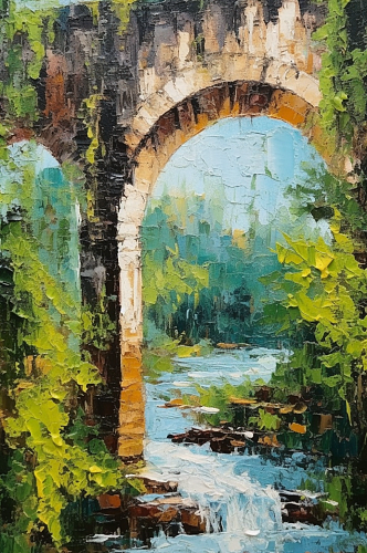 拱形石桥小河清澈流水风景油画