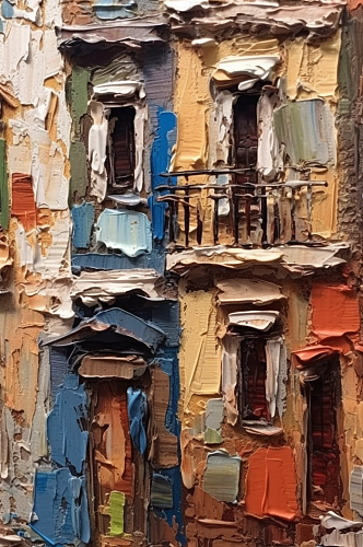 彩色居民楼窗户外景油画