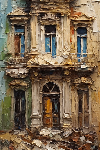 彩色居民楼窗户外景油画