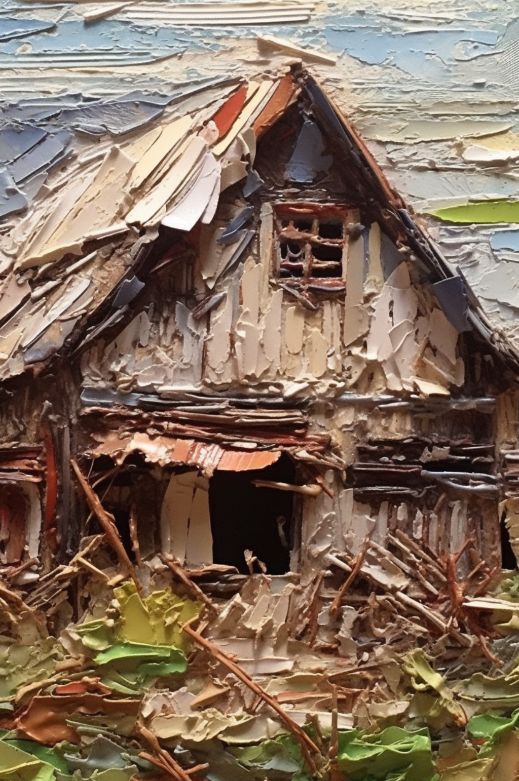 破烂木屋杂乱无章荒废镜像风景油画素材