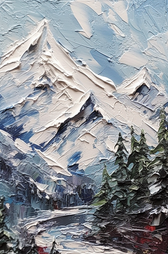 森林黑色松林层峦叠嶂皑皑雪山大场景油画