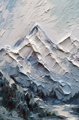 森林黑色松林层峦叠嶂皑皑雪山大场景油画