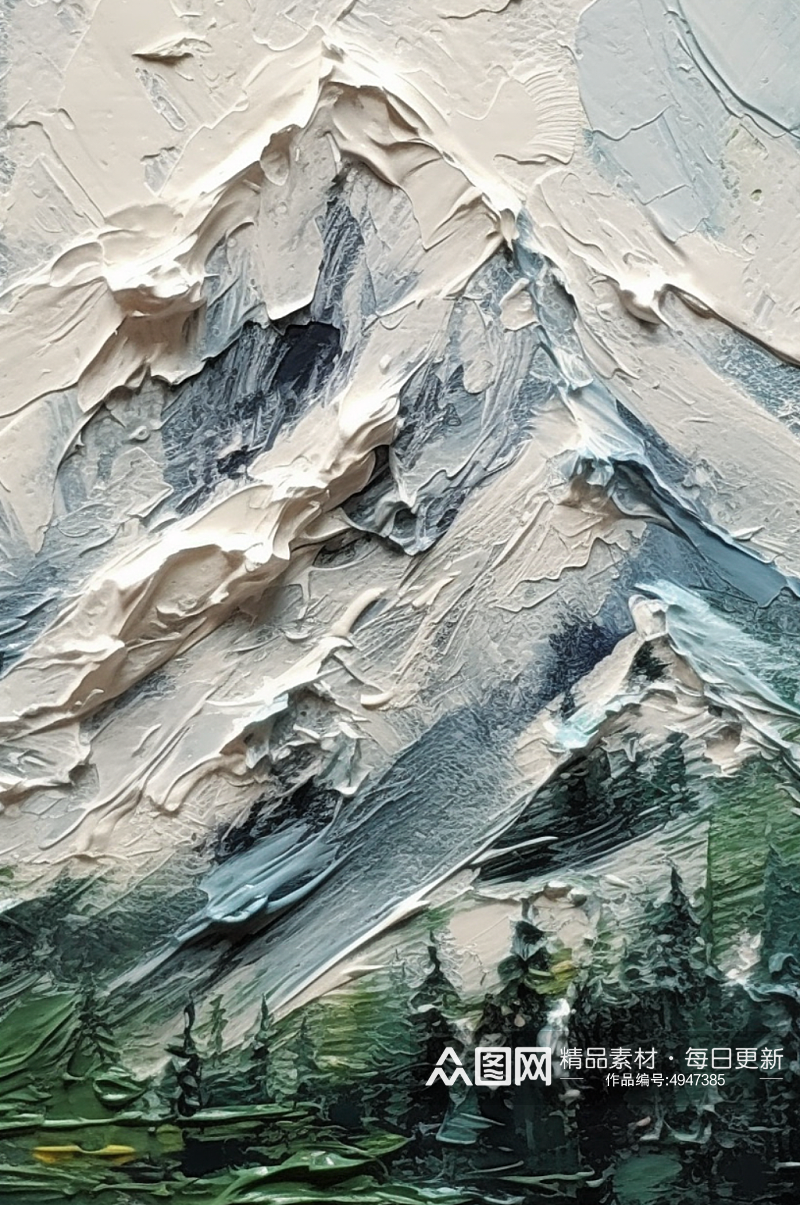 森林黑色松林层峦叠嶂皑皑雪山大场景油画素材
