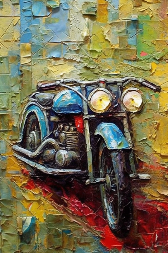复古造型彩色涂装摩托车特写油画