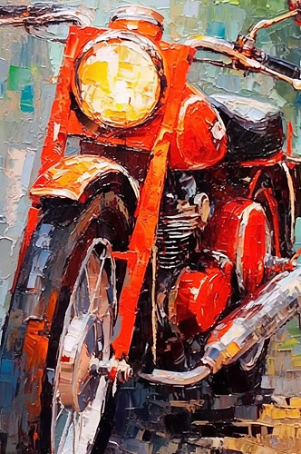 复古造型彩色涂装摩托车特写油画