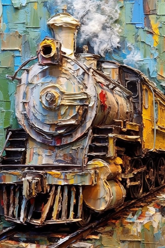 复古造型彩色涂装火车车辆特写油画