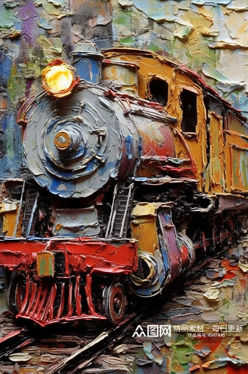 复古造型彩色涂装火车车辆特写油画素材