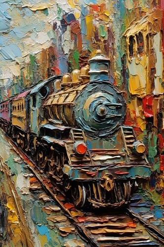 复古造型彩色涂装火车车辆特写油画