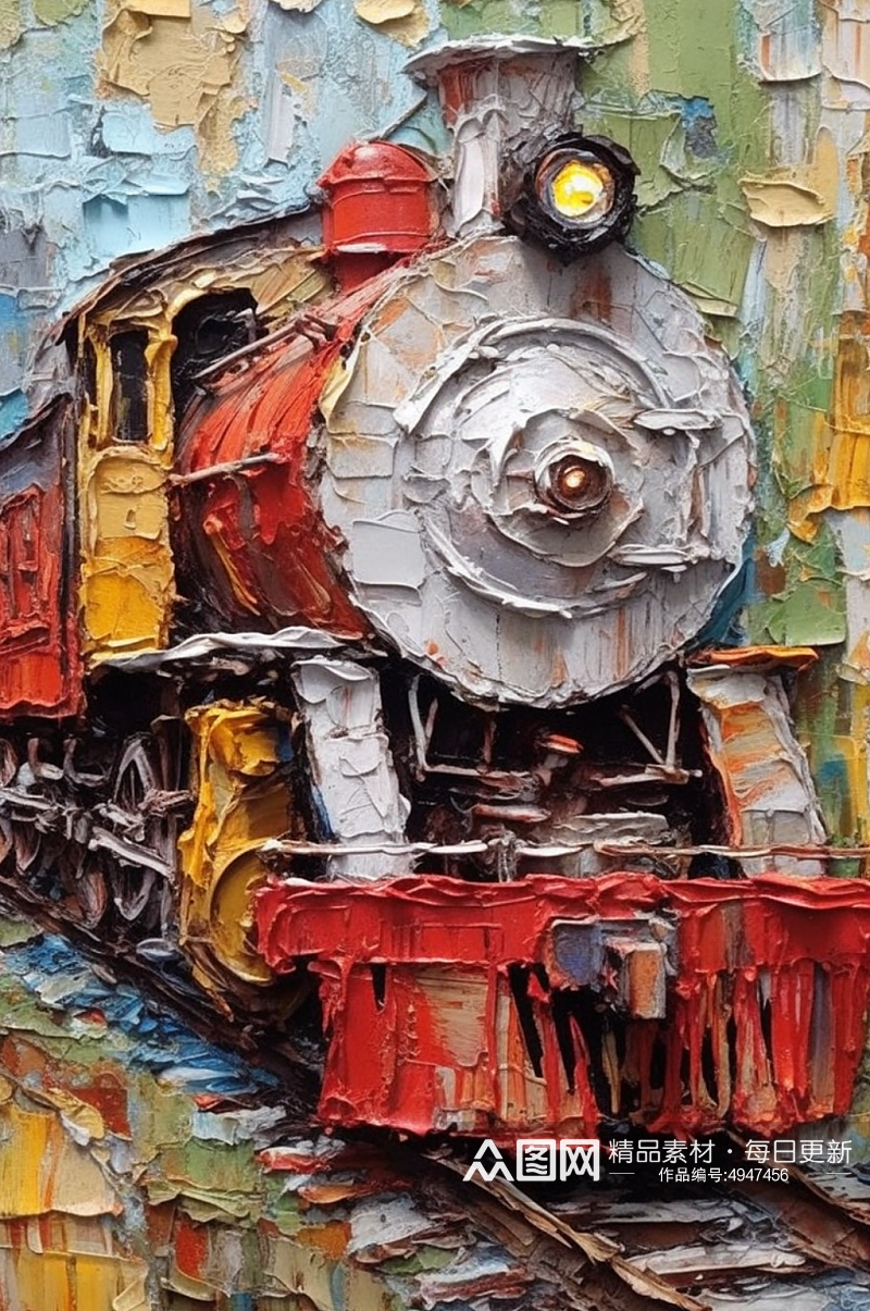 复古造型彩色涂装火车车辆特写油画素材