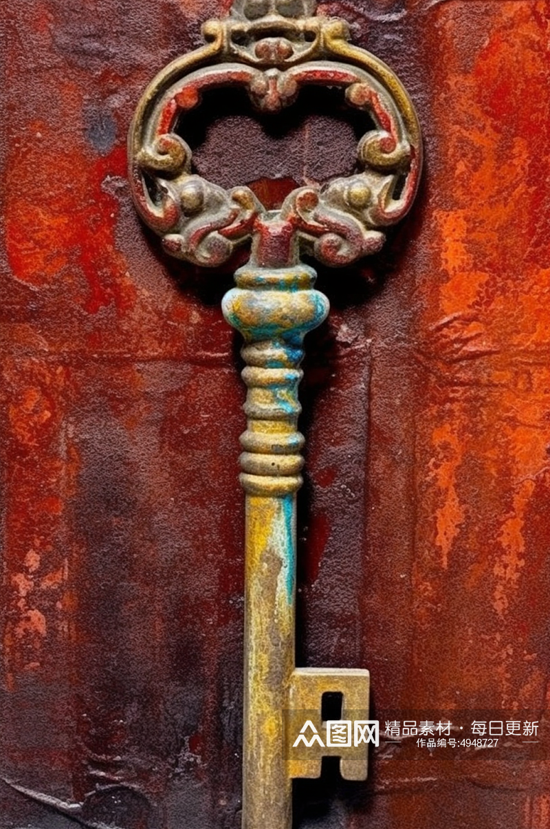 古代金色钥匙外形奇特纯色背景油画素材