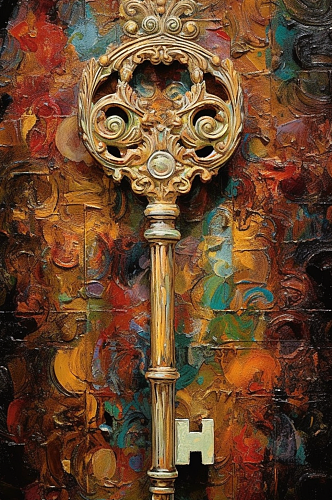 古代金色钥匙外形奇特纯色背景油画