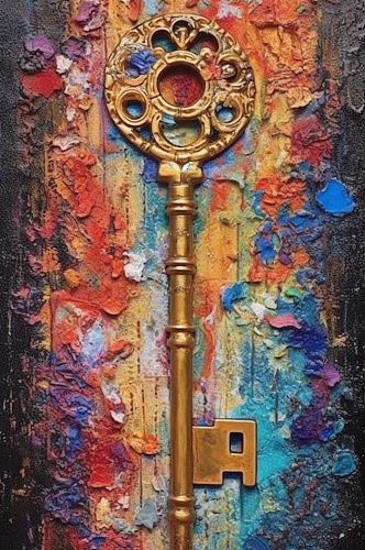 古代金色钥匙外形奇特纯色背景油画