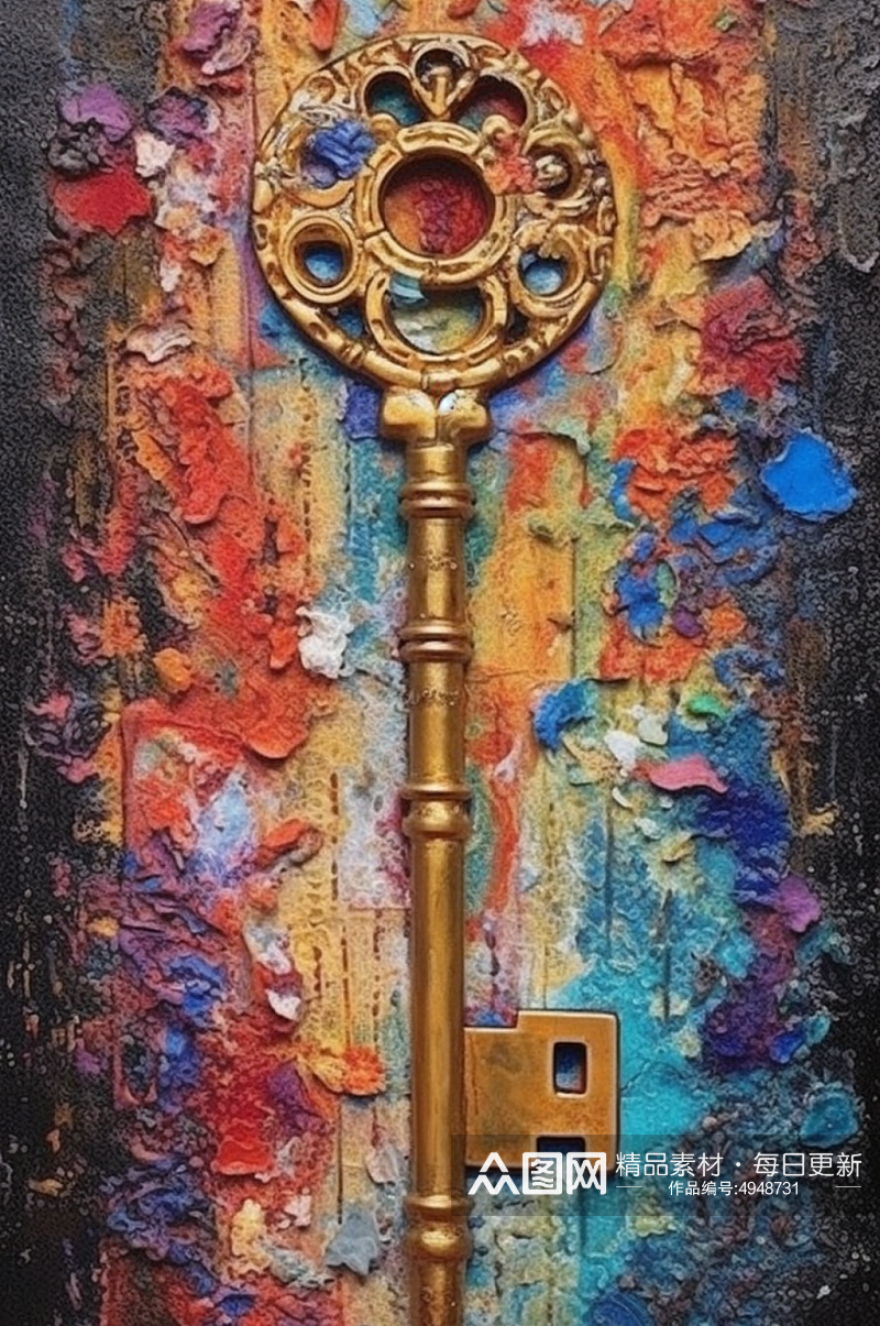 古代金色钥匙外形奇特纯色背景油画素材