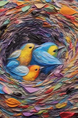 鸟巢雌鸟照顾幼鸟温馨油画