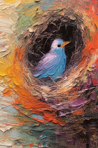 鸟巢雌鸟照顾幼鸟温馨油画