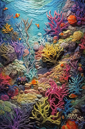 神秘海底海中鱼类珊瑚海鱼遨游油画