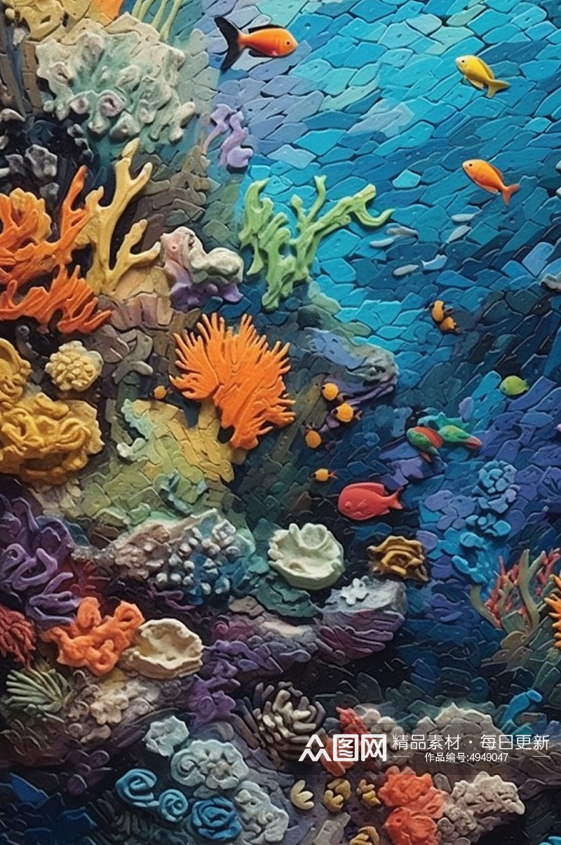 神秘海底海中鱼类珊瑚海鱼遨游油画素材