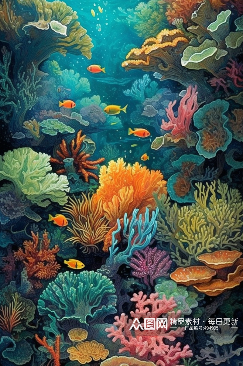 神秘海底海中鱼类珊瑚海鱼遨游油画素材