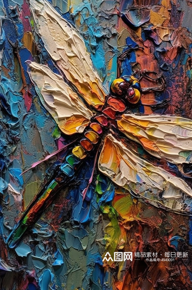 夏季蜻蜓安静舒展翅膀自然油画素材