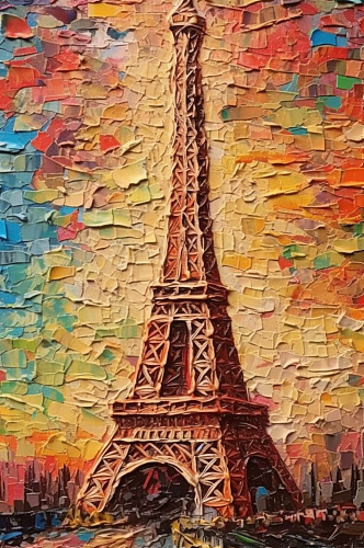 巴黎埃菲尔铁塔高耸入云风景油画