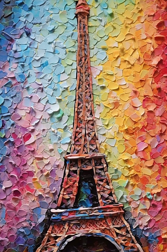 巴黎埃菲尔铁塔高耸入云风景油画