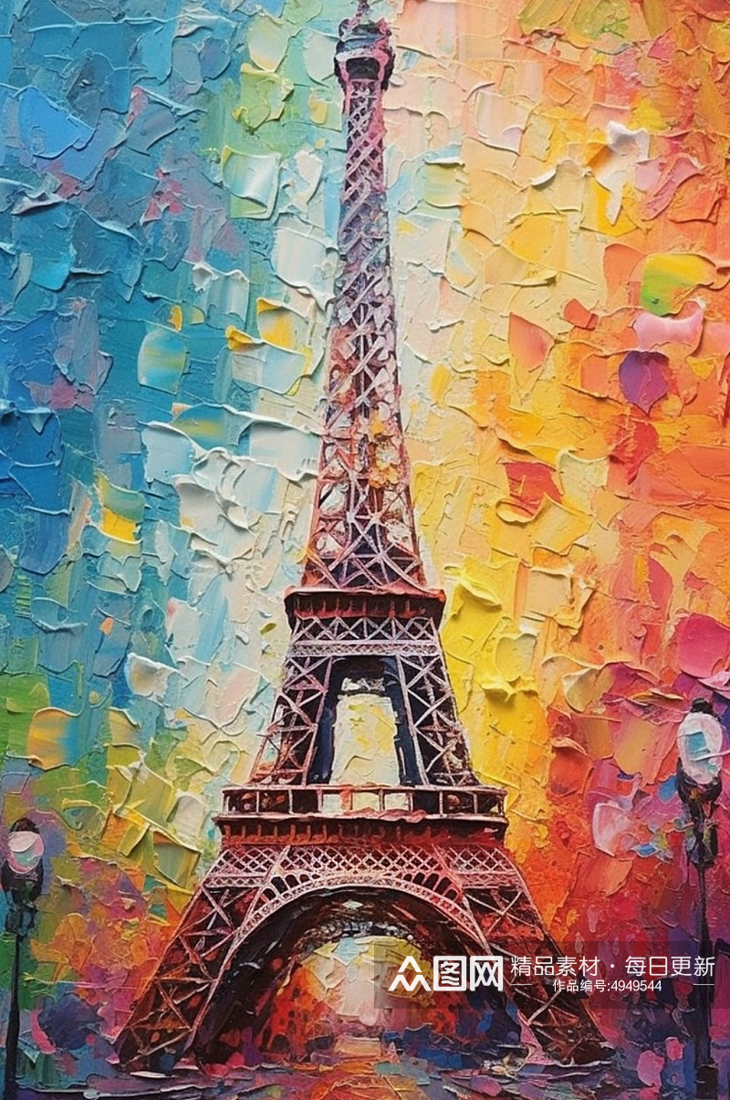 巴黎埃菲尔铁塔高耸入云风景油画素材