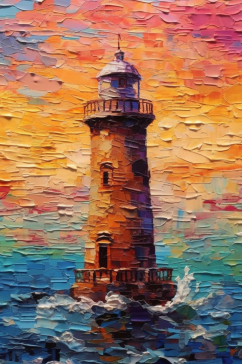 大海海边灯塔风景油画