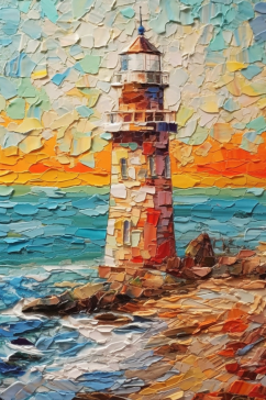 大海海边灯塔风景油画