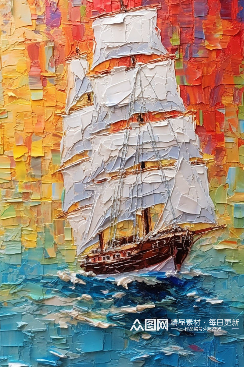 海洋金色帆船海上航行风景油画素材