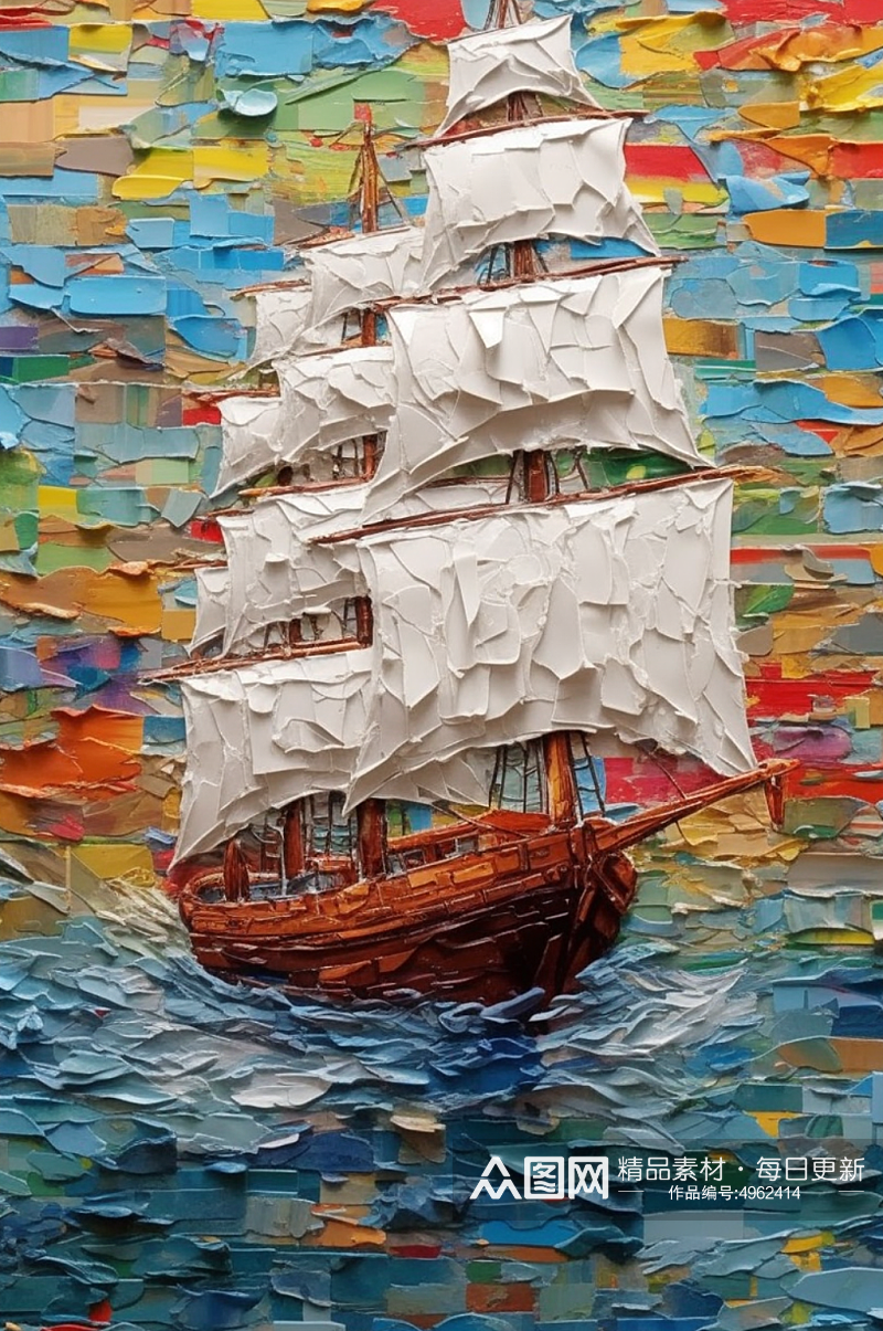 海洋金色帆船海上航行风景油画素材