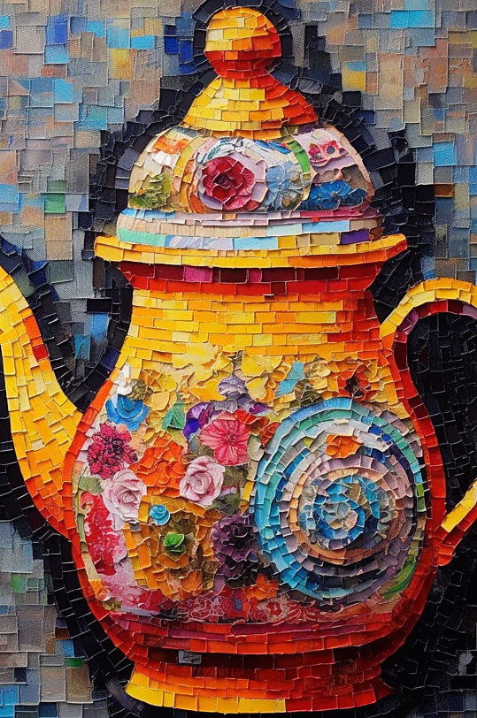 彩色陶瓷茶壶静物油画-众图网