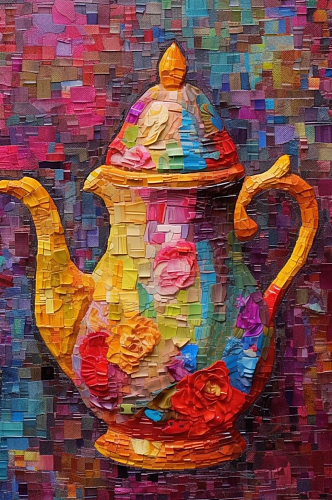 彩色陶瓷茶壶静物油画