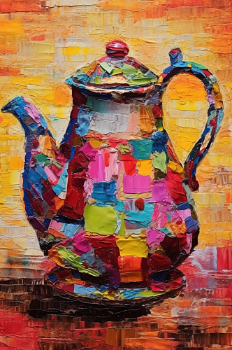 彩色陶瓷茶壶静物油画