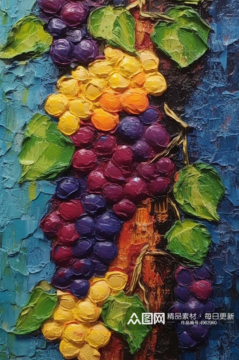 夏季瓜果多彩葡萄水果油画素材