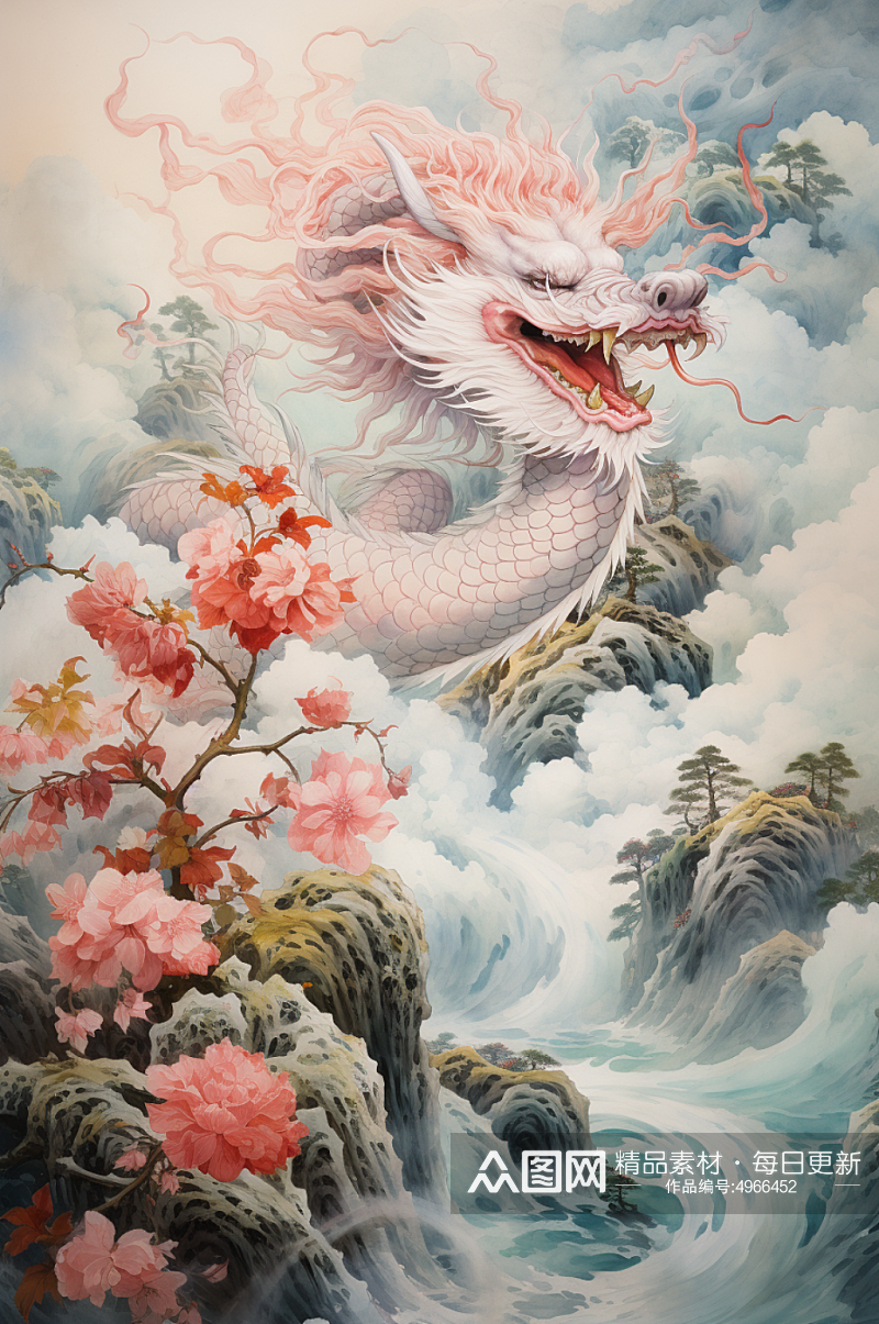东方神龙神话主题风景水彩插画素材