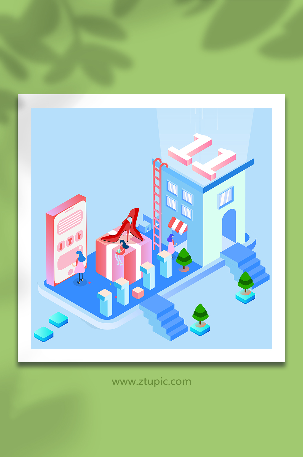 蓝色等距卡通双十一立体插画素材