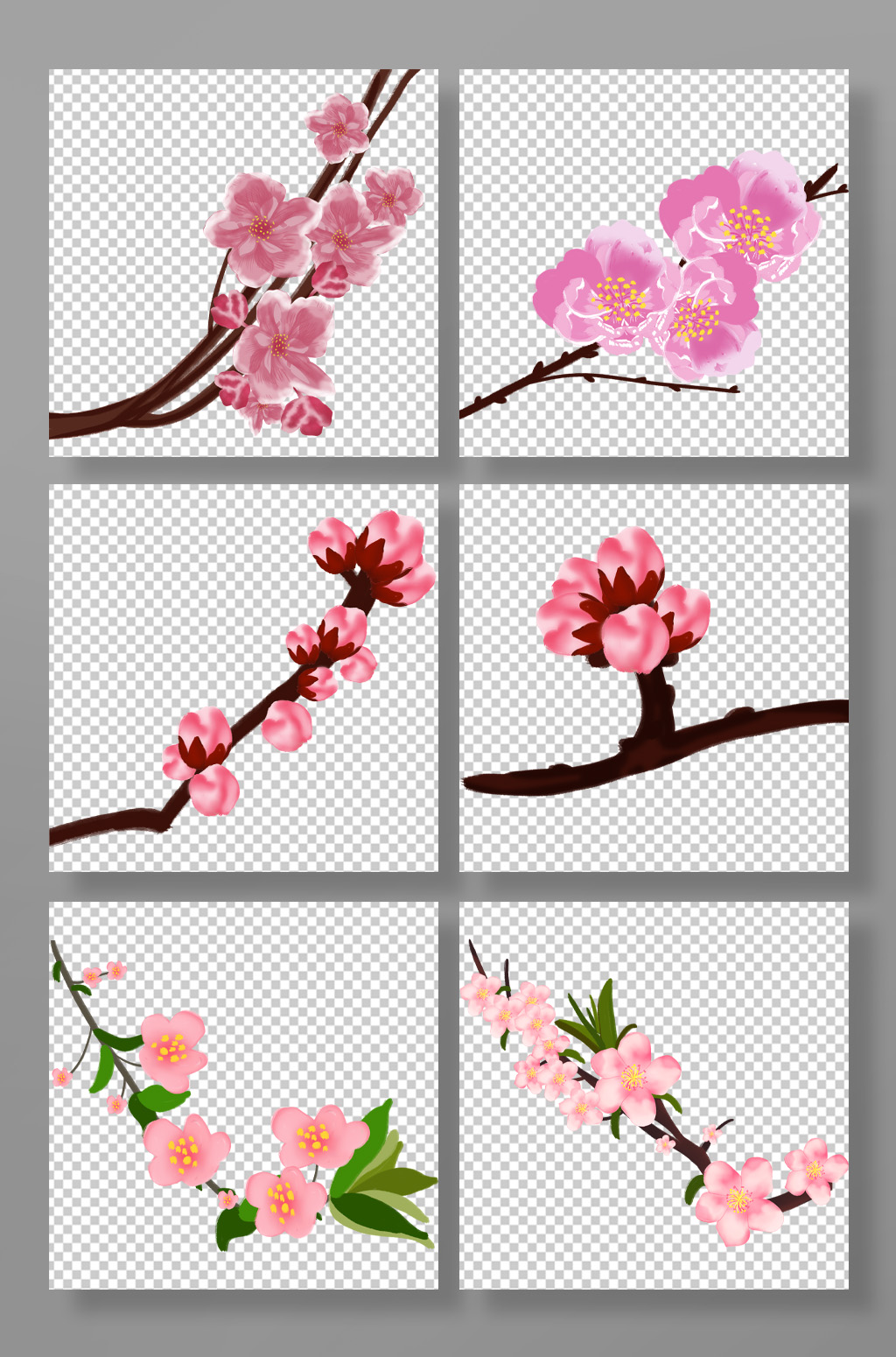 唯美古风桃花花卉手绘元素插画素材