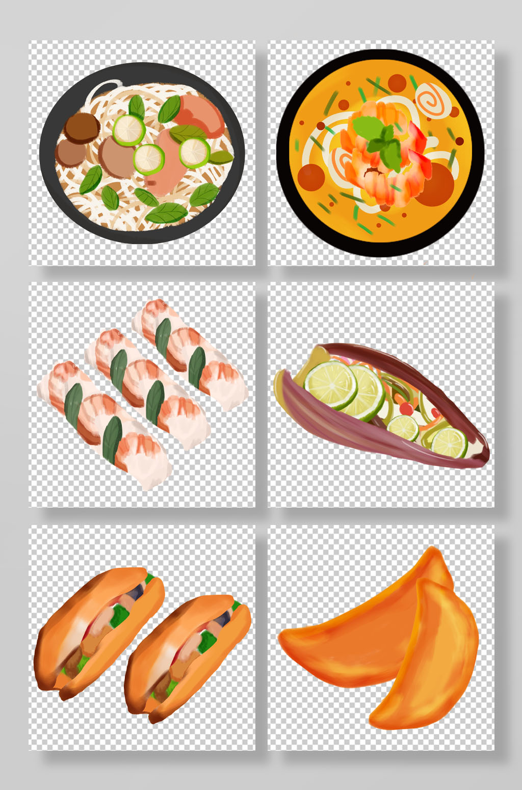 越南美食手绘煎饼春卷插画元素素材