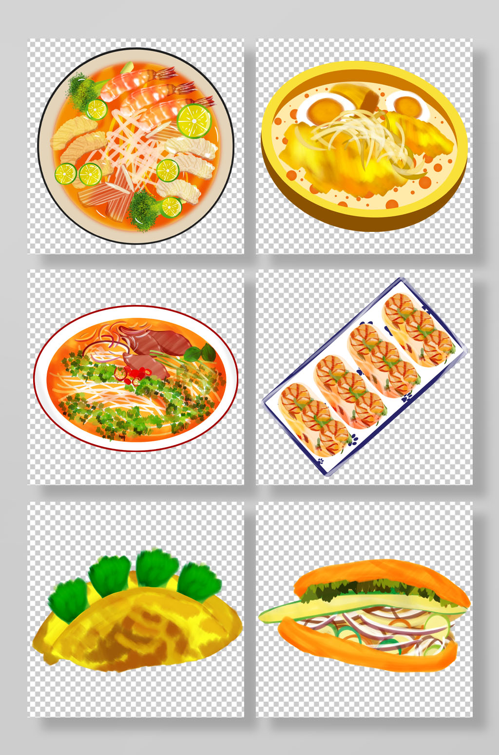 越南特色美味美食手绘插画元素素材