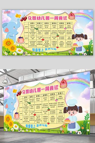 清新童话儿童幼儿园营养食谱公告栏展板