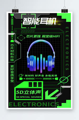 绿色智能耳机产品海报